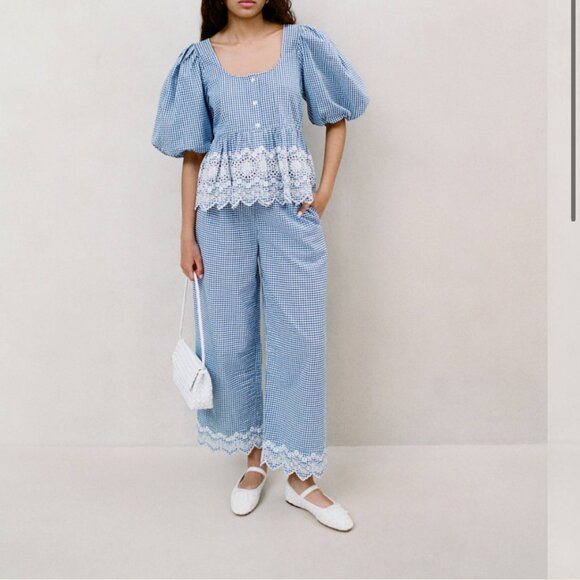 BNWT Loeffler Randal Blake Blue Gingham Emboidered Pant - Picture 9 of 13